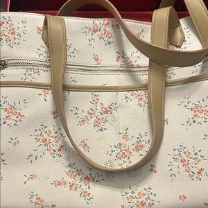 Floral Cream Tote Bag with Tan Accents